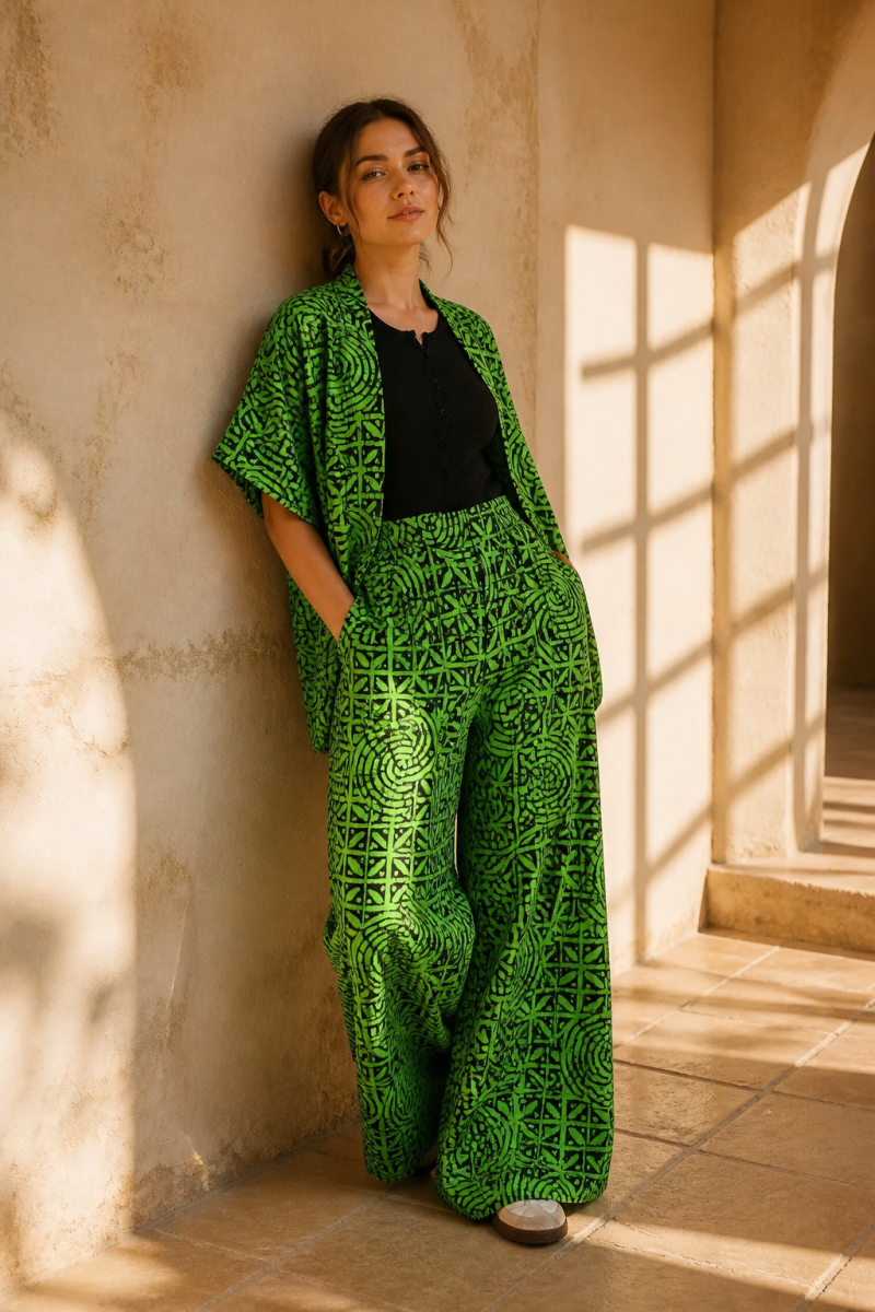 Achalugo Emerald Swirl Kimono & Wide-Leg Trouser Set