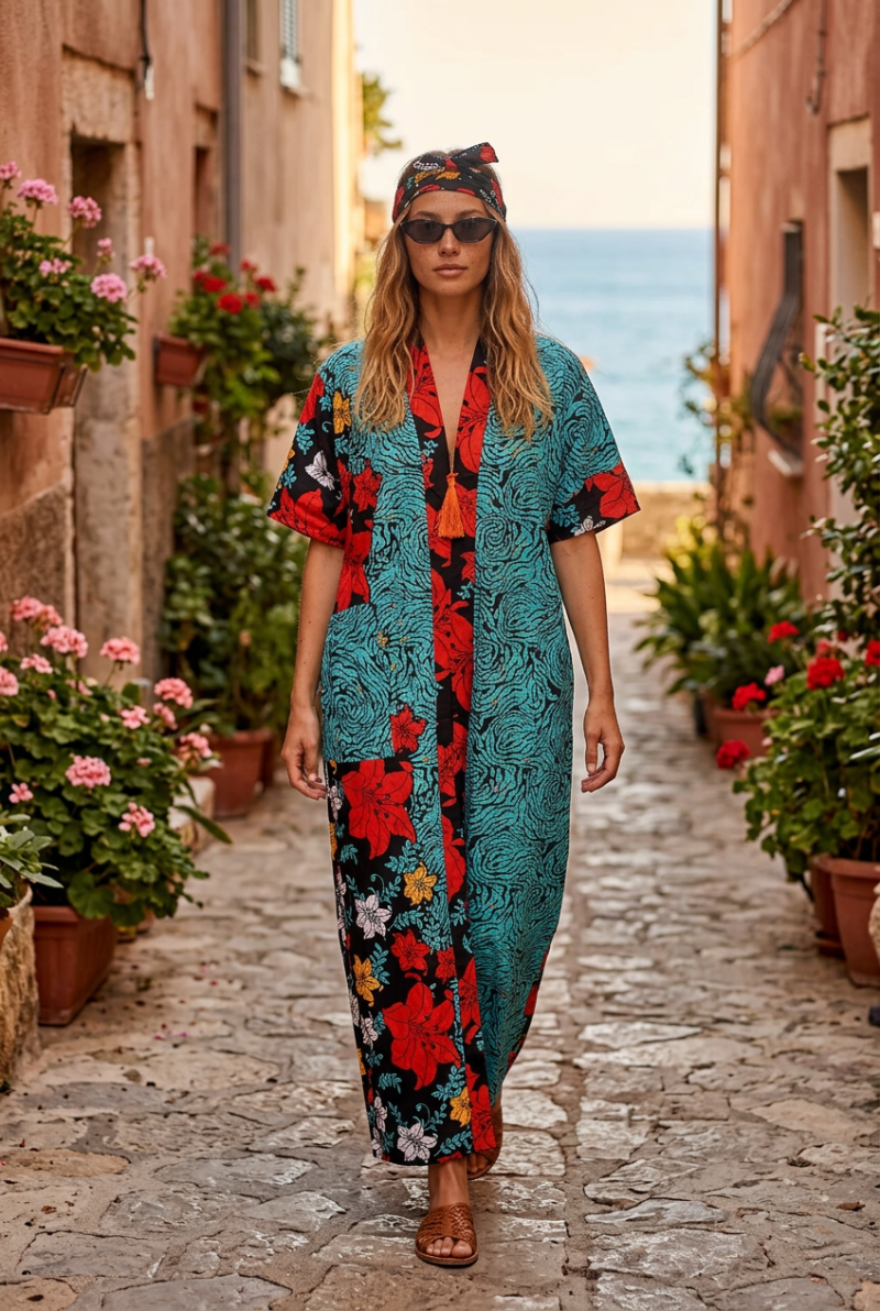 Achalugo Teal & Floral Kimono Maxi Set
