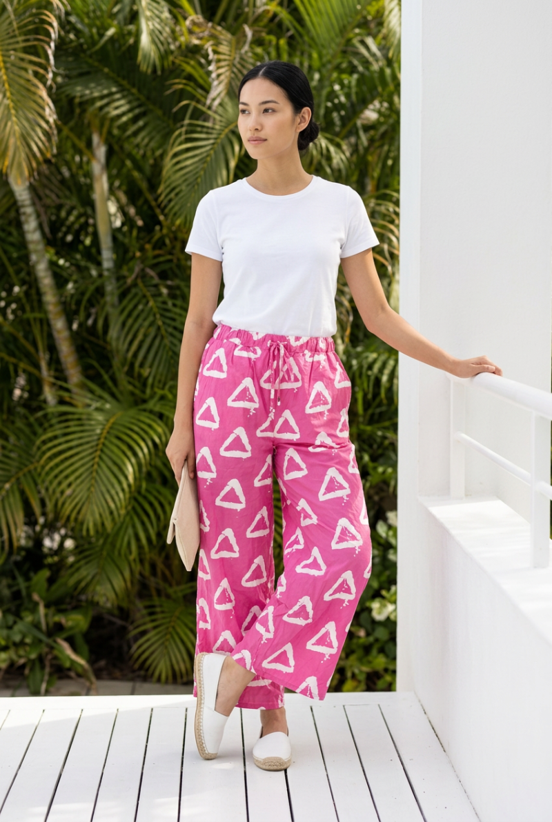 Achalugo Fuchsia Triangle Batik Wide-Leg Trousers