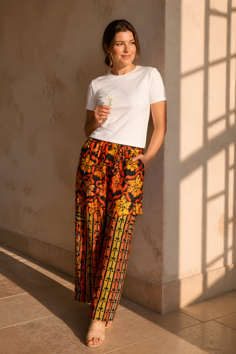 Achalugo Terracotta Floral Wide-Leg Trousers